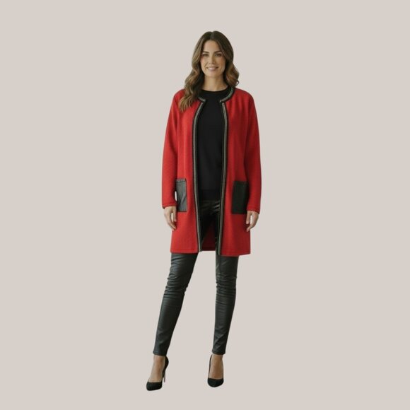 Alberto Makali Red Chain Detail Faux Leather Pockets Open Front Cardigan Med NWT